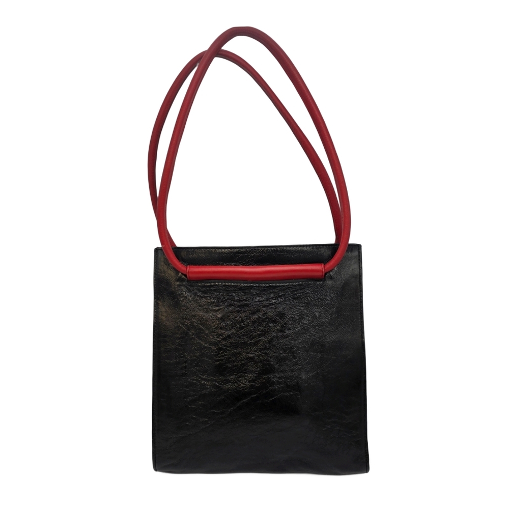 Vintage Amankai Black Leather Tote Red Handles Excellent Cond Attached Pouch - Picture 3 of 9
